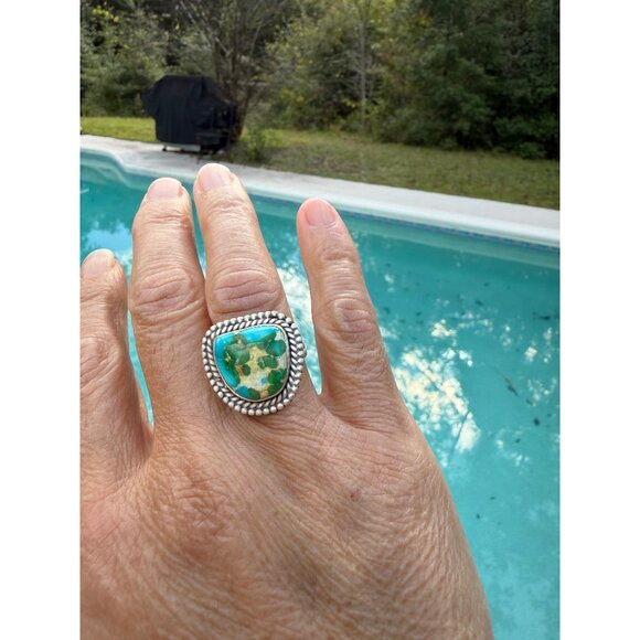 Artisan Sterling Silver Sonoran Mountain Turquoise Statement Ring Rope 8 gift - Picture 3 of 9